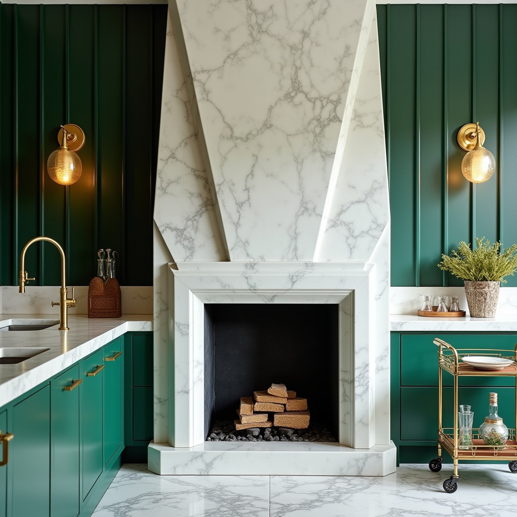 Art deco kitchen with geometric marble chimney and emerald cabinets