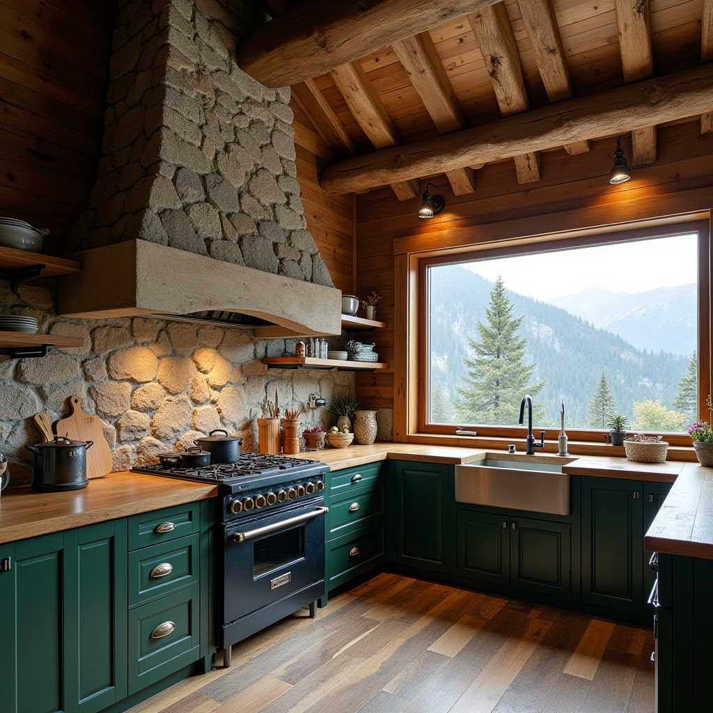 Rustic kitchen with deep green cabinetry and mountain views