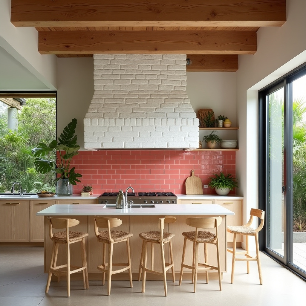 Kitchen with coral tile accents and sliding glass doors