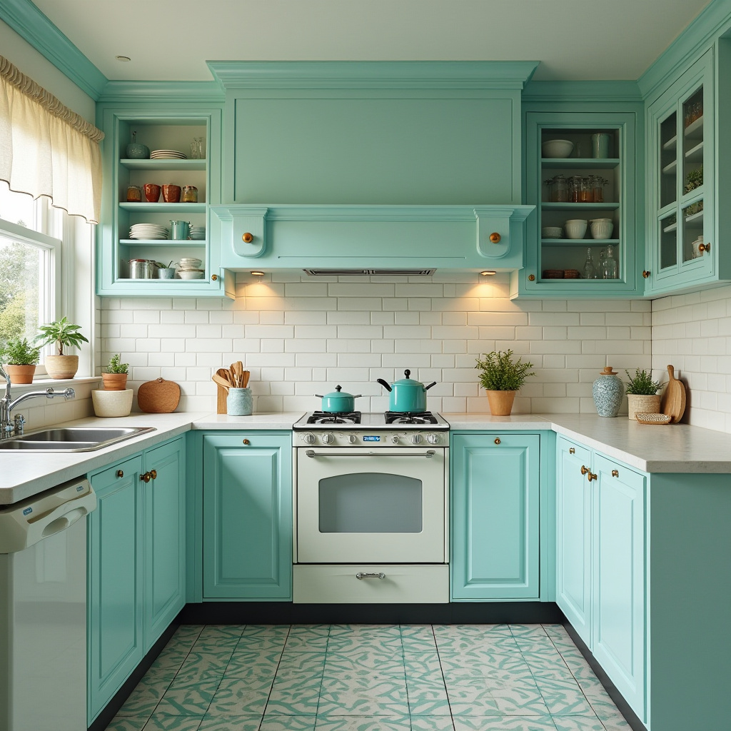 Retro kitchen with pastel blue chimney and subway tiles