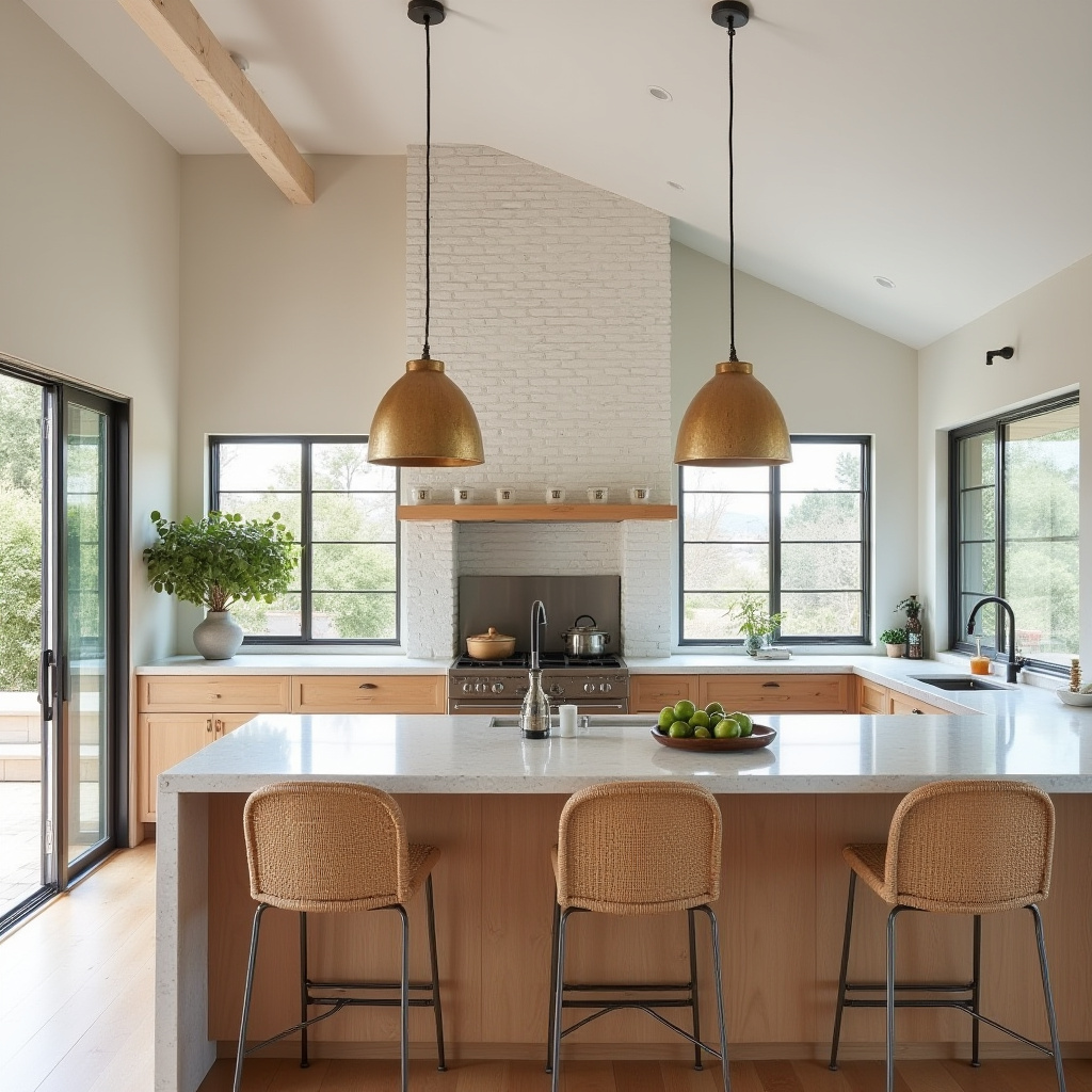 California casual kitchen with whitewashed chimney and oak cabinetry