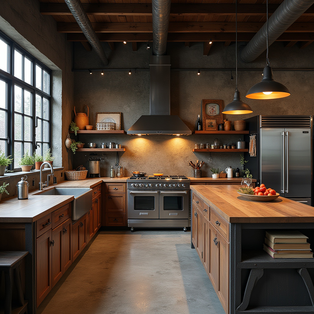Industrial kitchen with exposed metal chimney and concrete floors