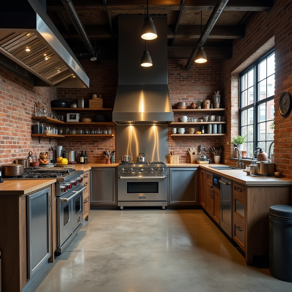 Kitchen with reclaimed wood cabinets and vintage industrial lighting