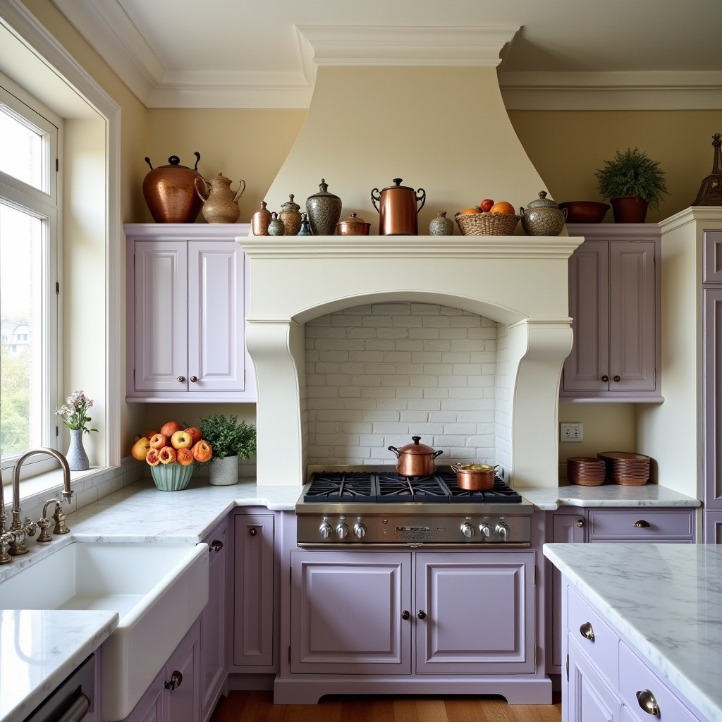 Kitchen with marble countertops and antique ceramic accessories