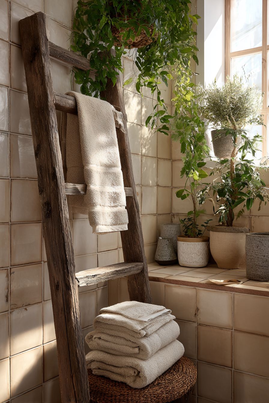 Use a Wooden Ladder for Towel Display
