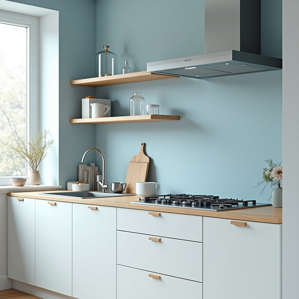Scandinavian kitchen with light blue walls