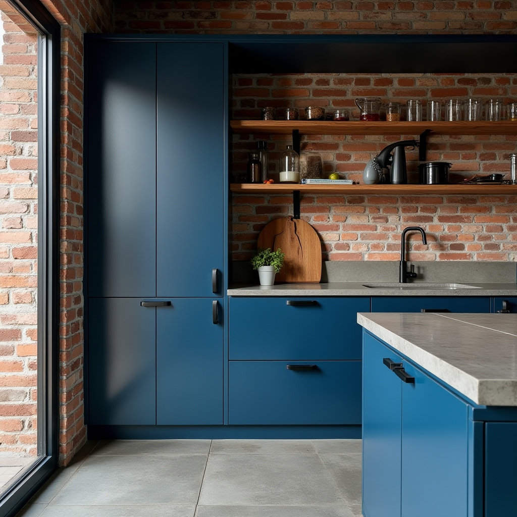industrial kitchen with deep blue metal cabinets