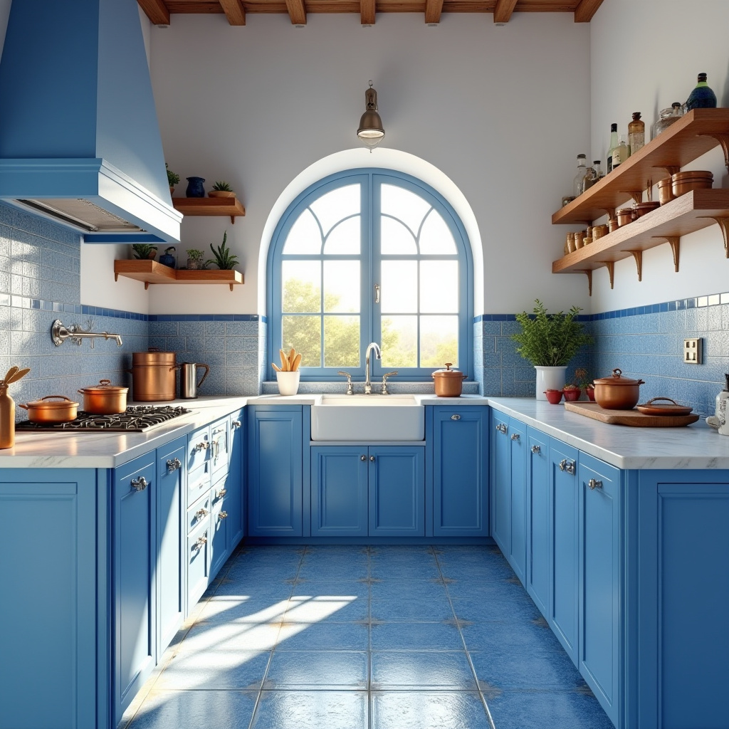Mediterranean kitchen with blue tile floor