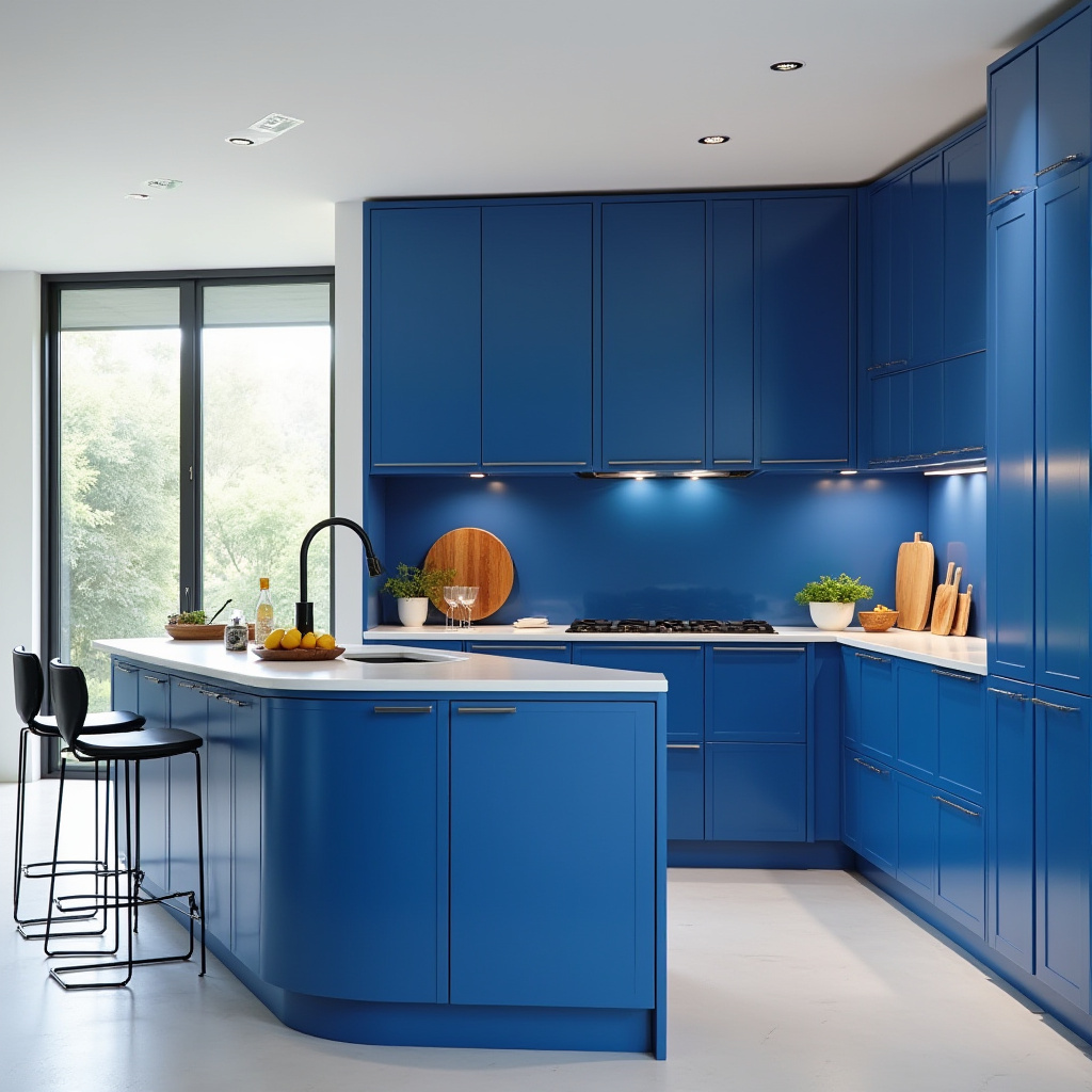 contemporary kitchen with royal blue island