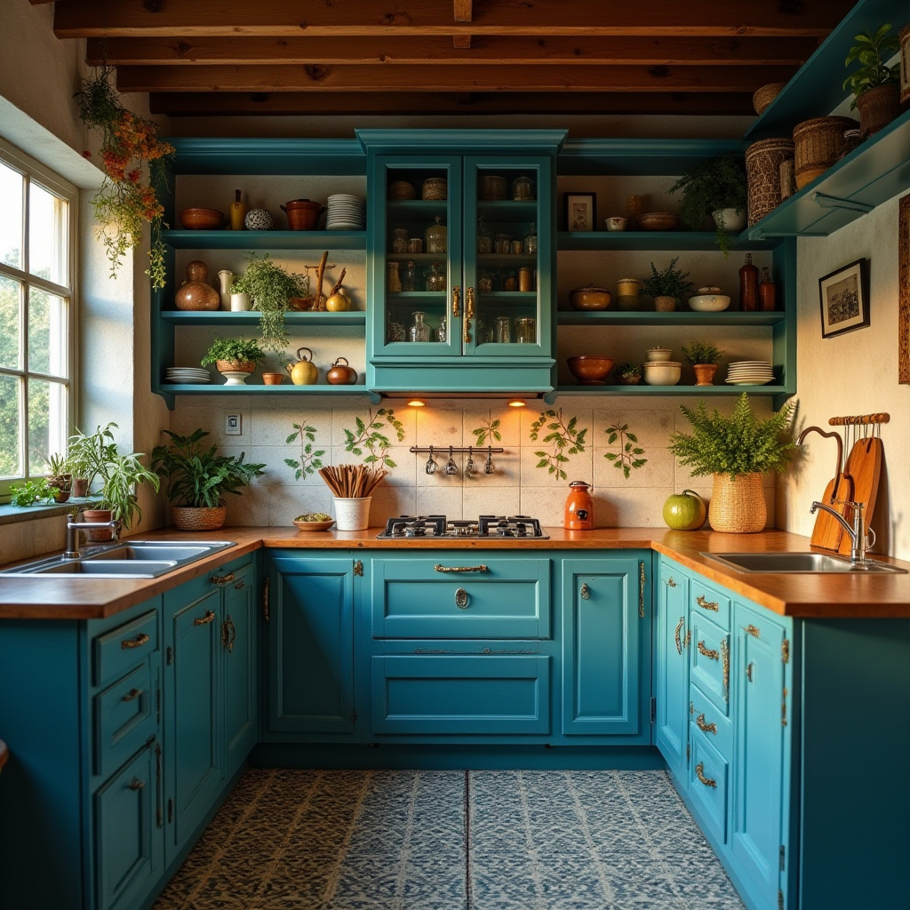 bohemian kitchen with teal cabinets and patterned floor