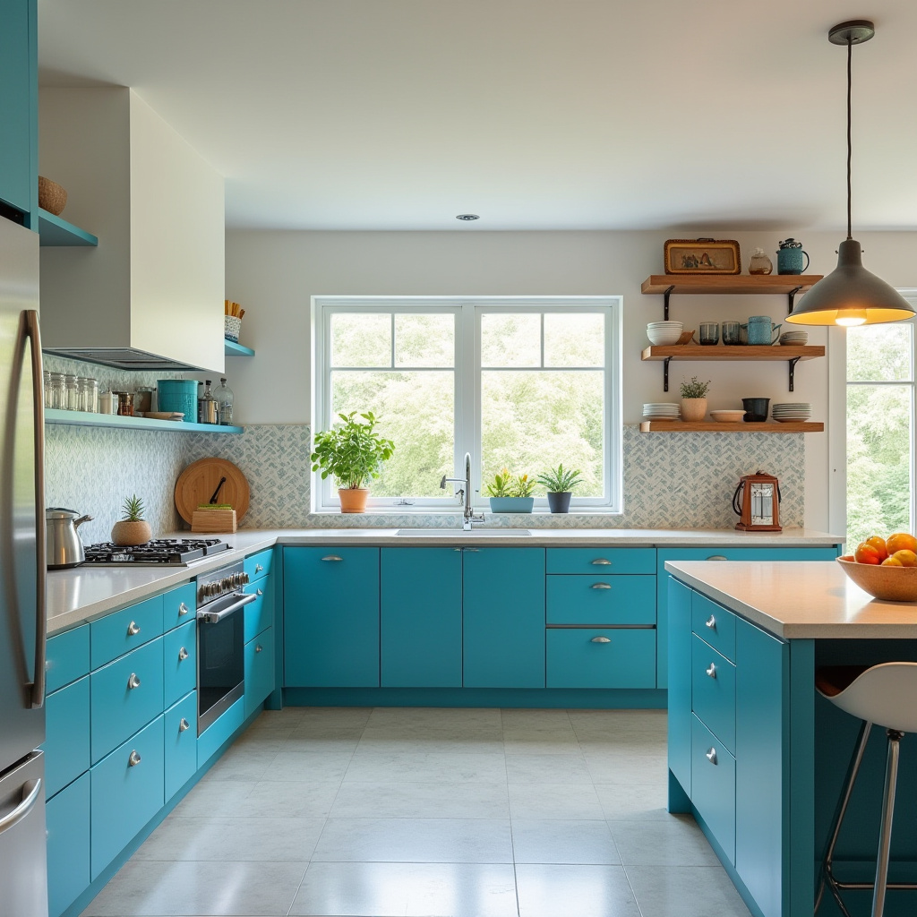mid-century kitchen with cerulean cabinets
