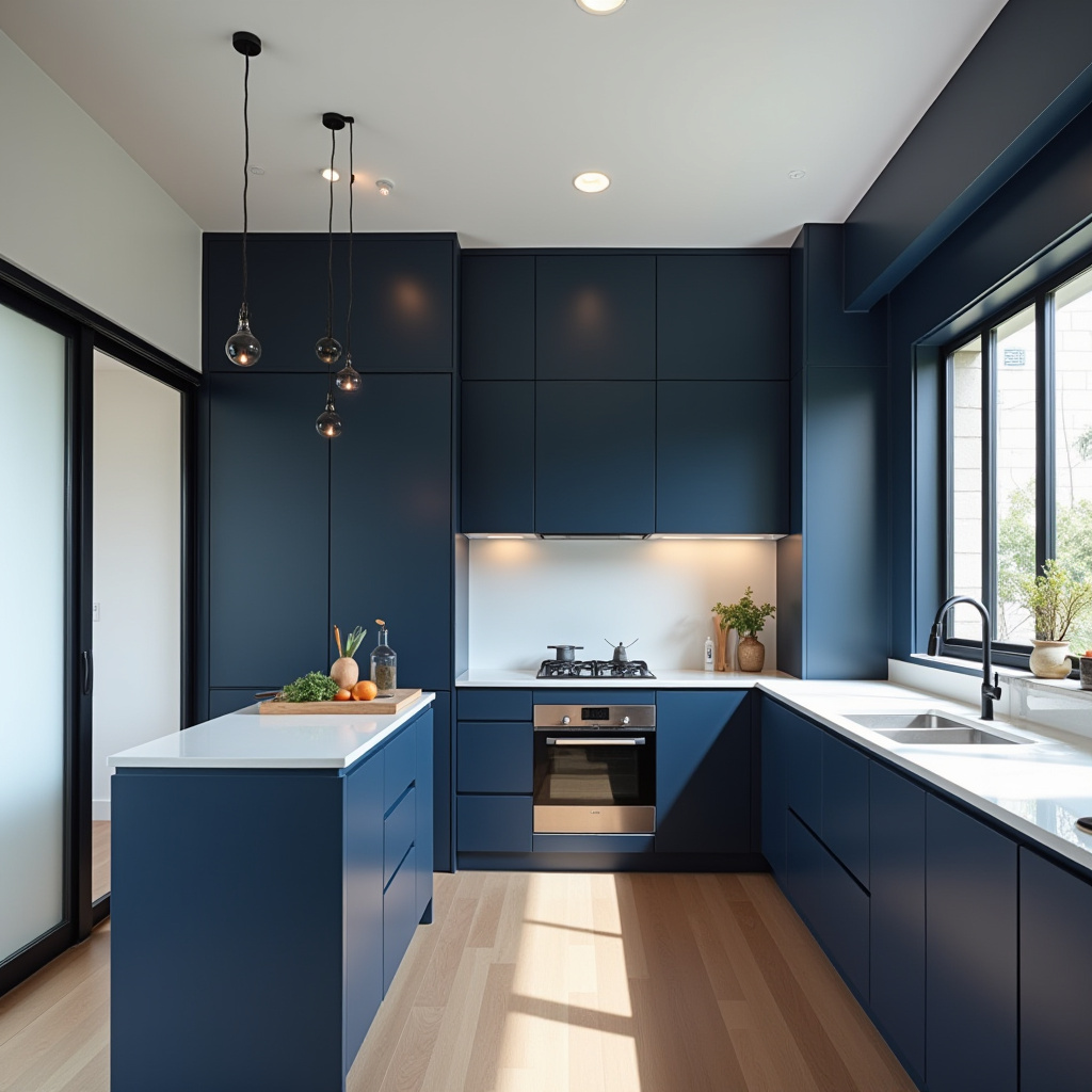 Japanese-inspired kitchen with navy cabinets