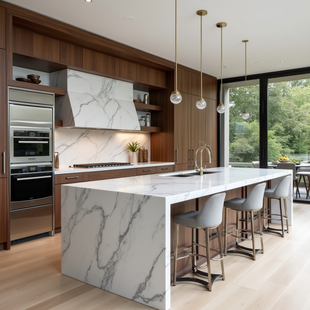contemporary kitchen with book-matched marble