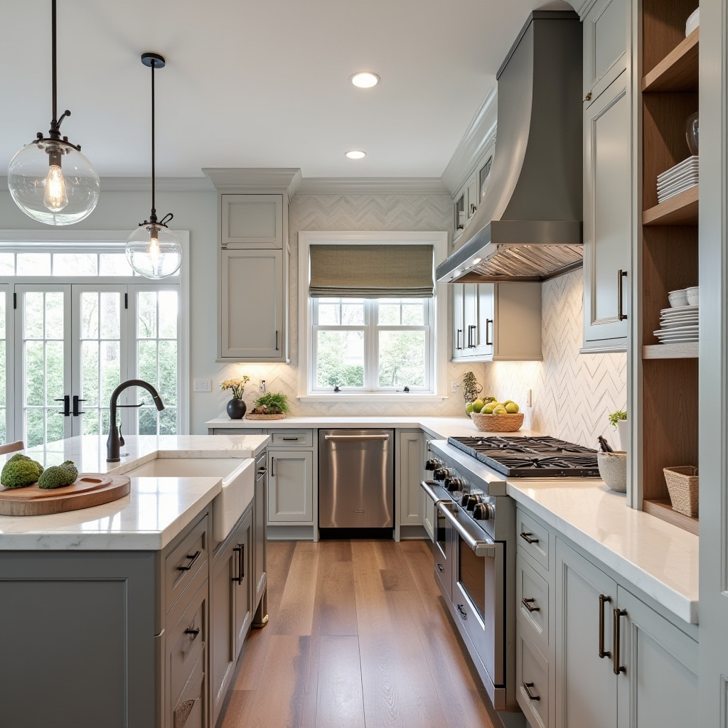transitional kitchen with barn doors
