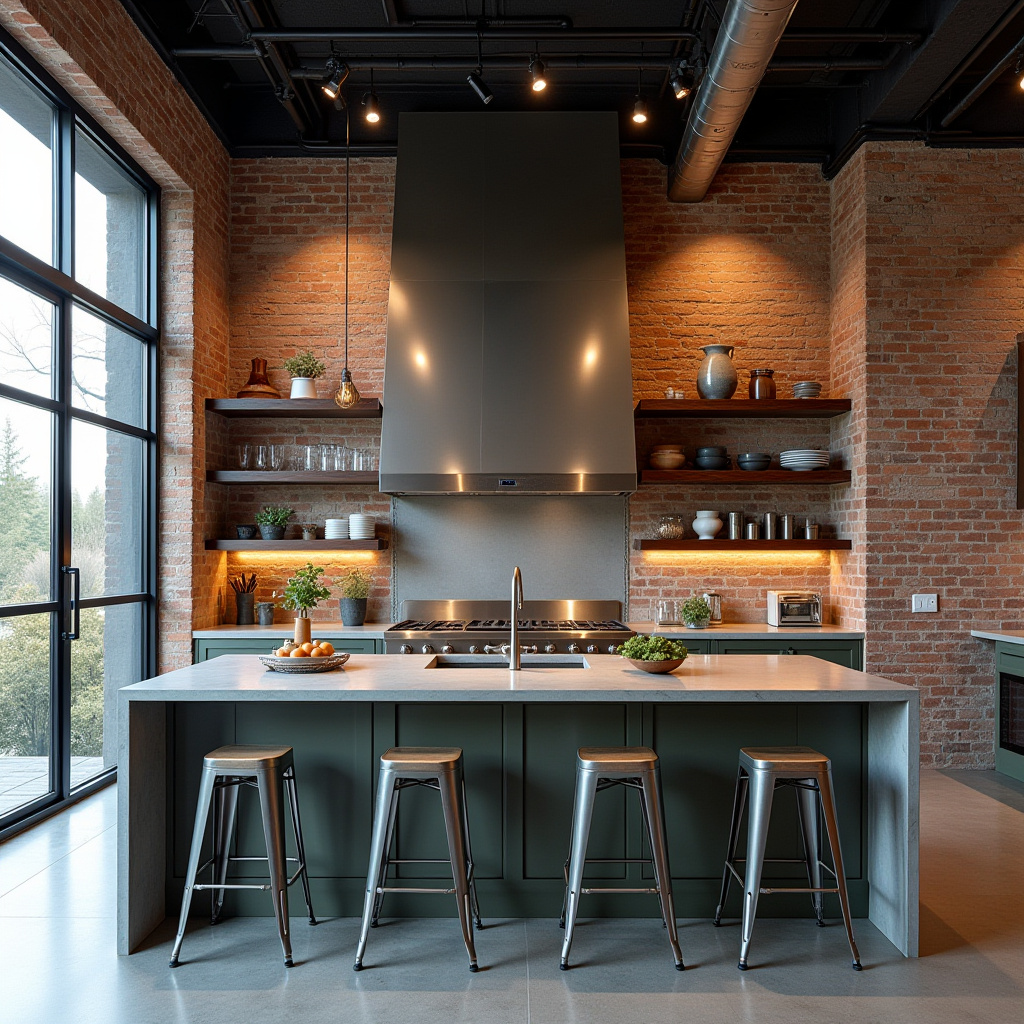 industrial kitchen with exposed brick walls