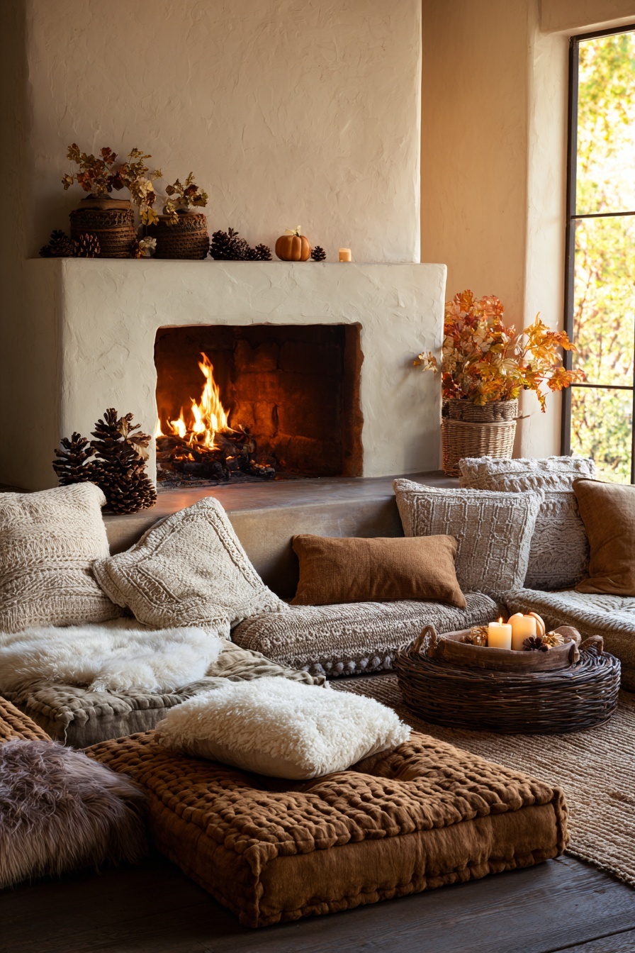 Floor Pillows by Fireplace