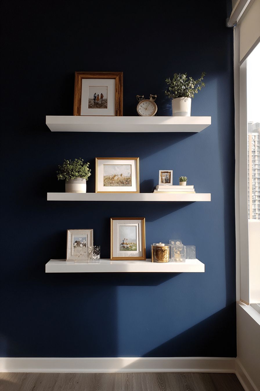 Floating shelves in a small living room