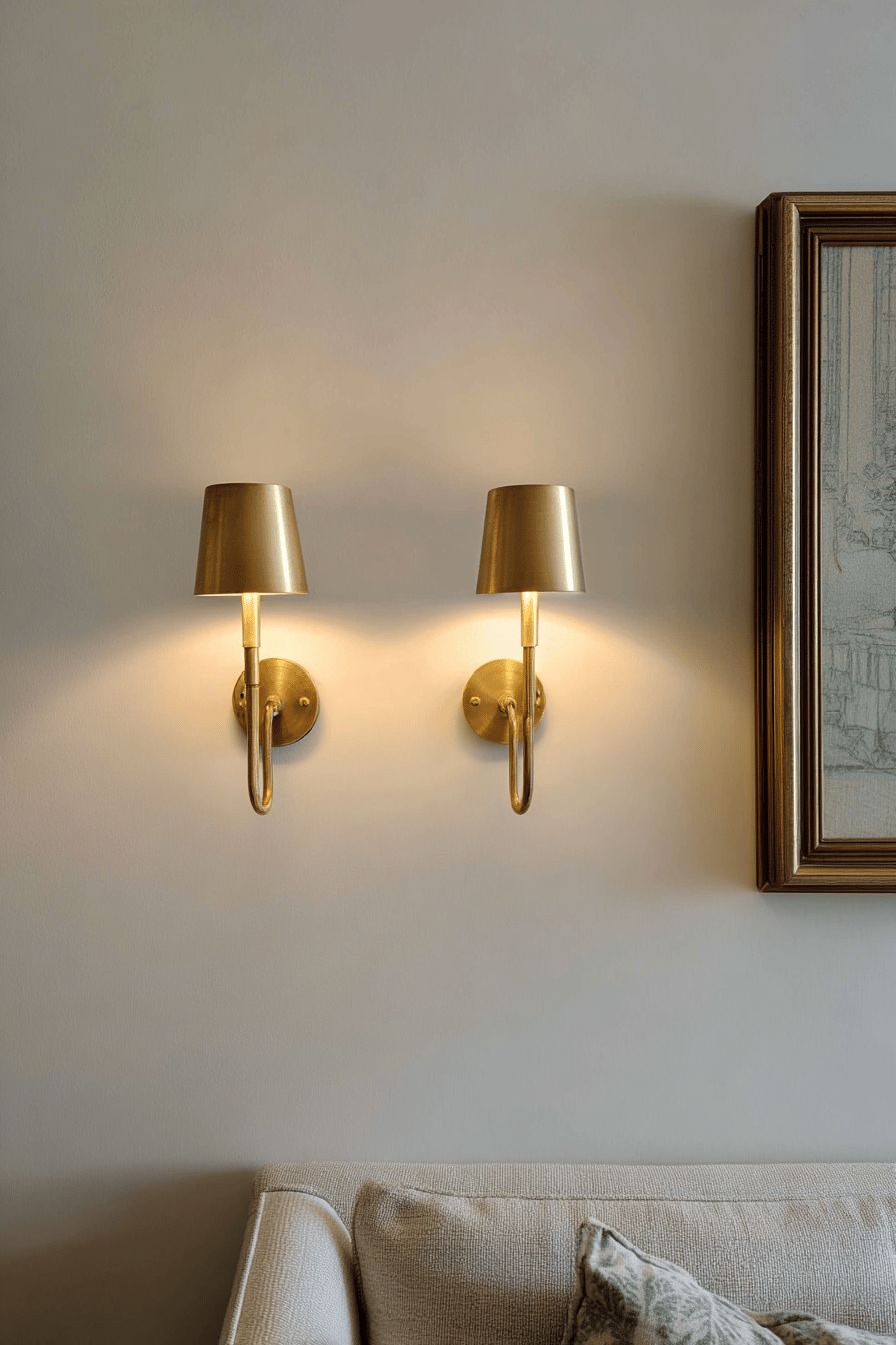 Wall sconces lighting a small living room