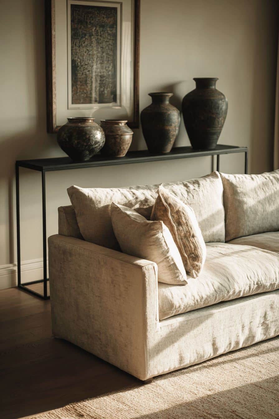 Slim console table behind sofa