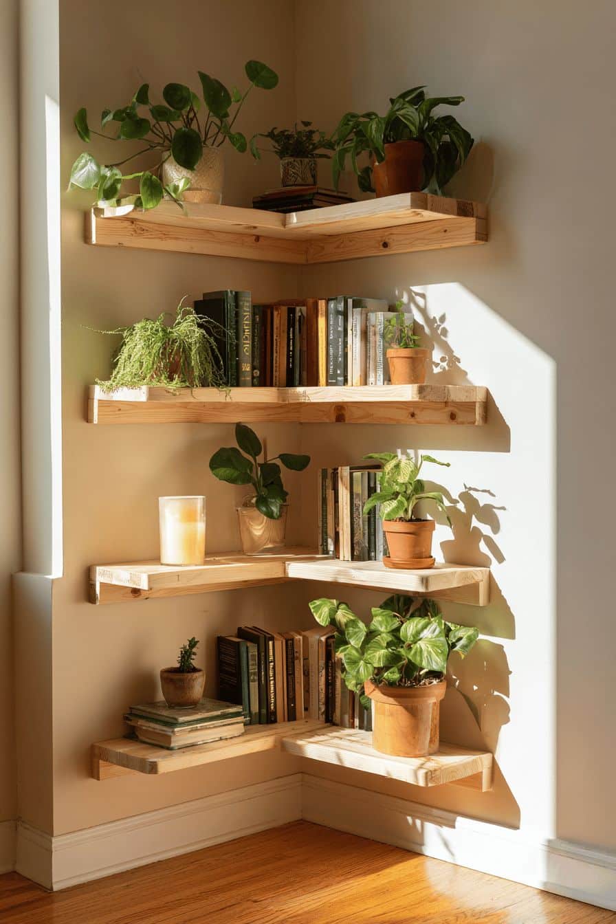Corner shelves in a small living room