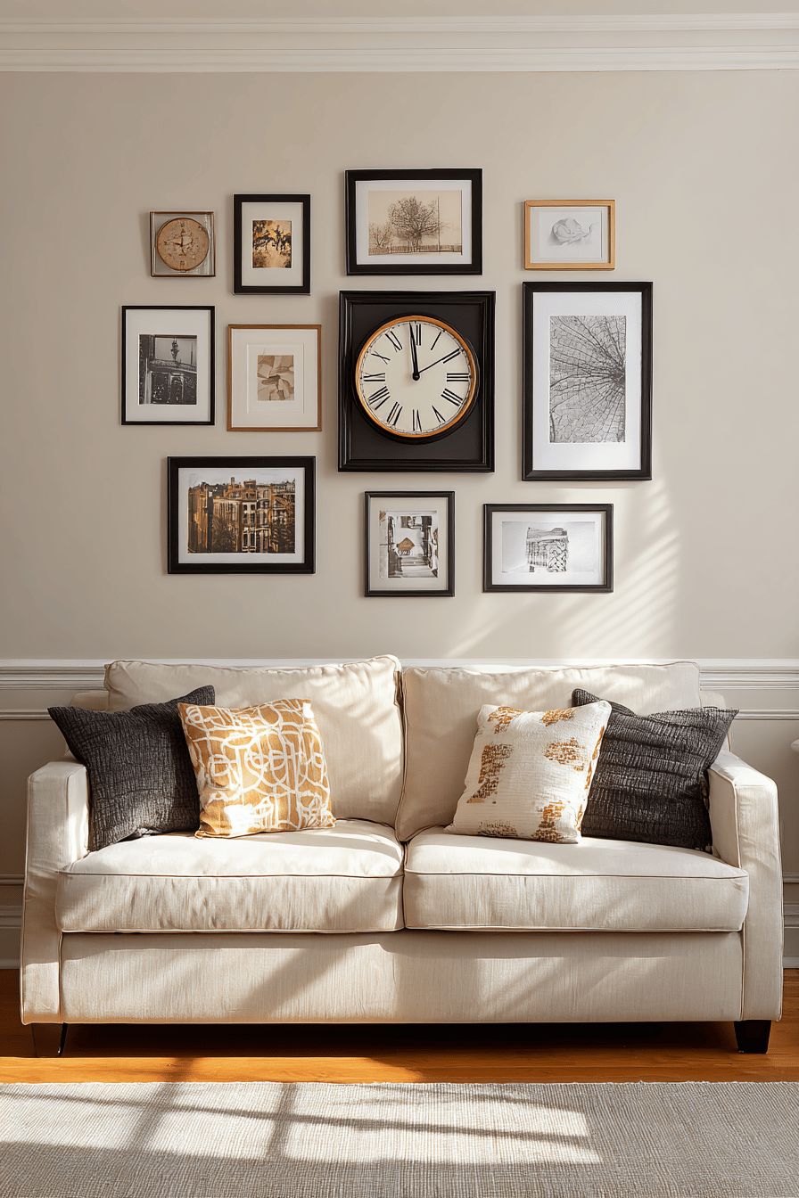 Grouped artwork above sofa