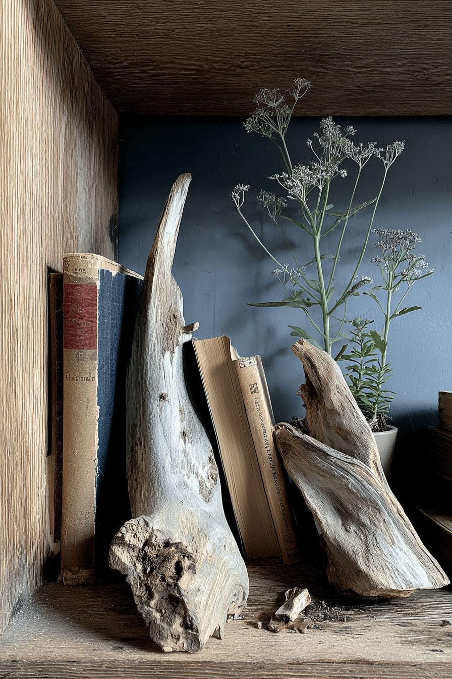 Enhance Bookshelves with Driftwood Accents