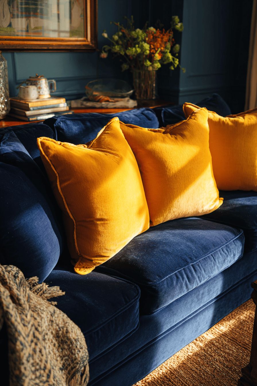 Mustard Yellow Throw Pillows on Sofa