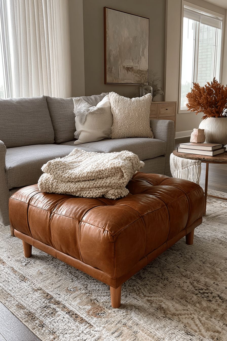 Chestnut Brown Leather Ottoman