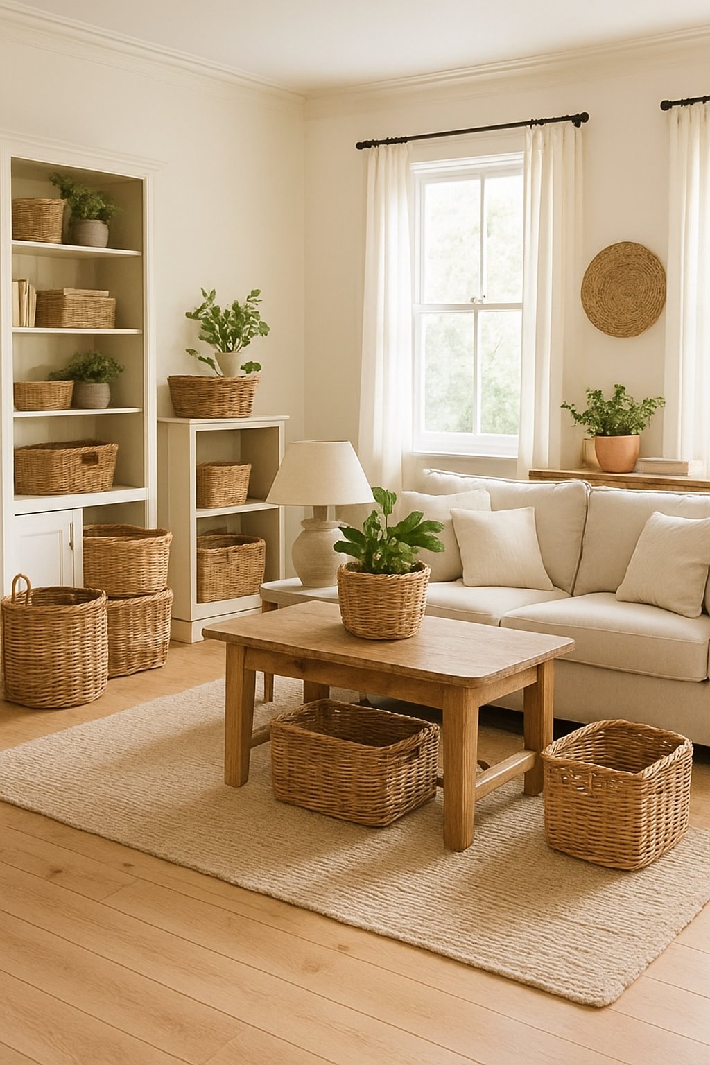 Living room with wicker baskets for storage, sofa, and plants