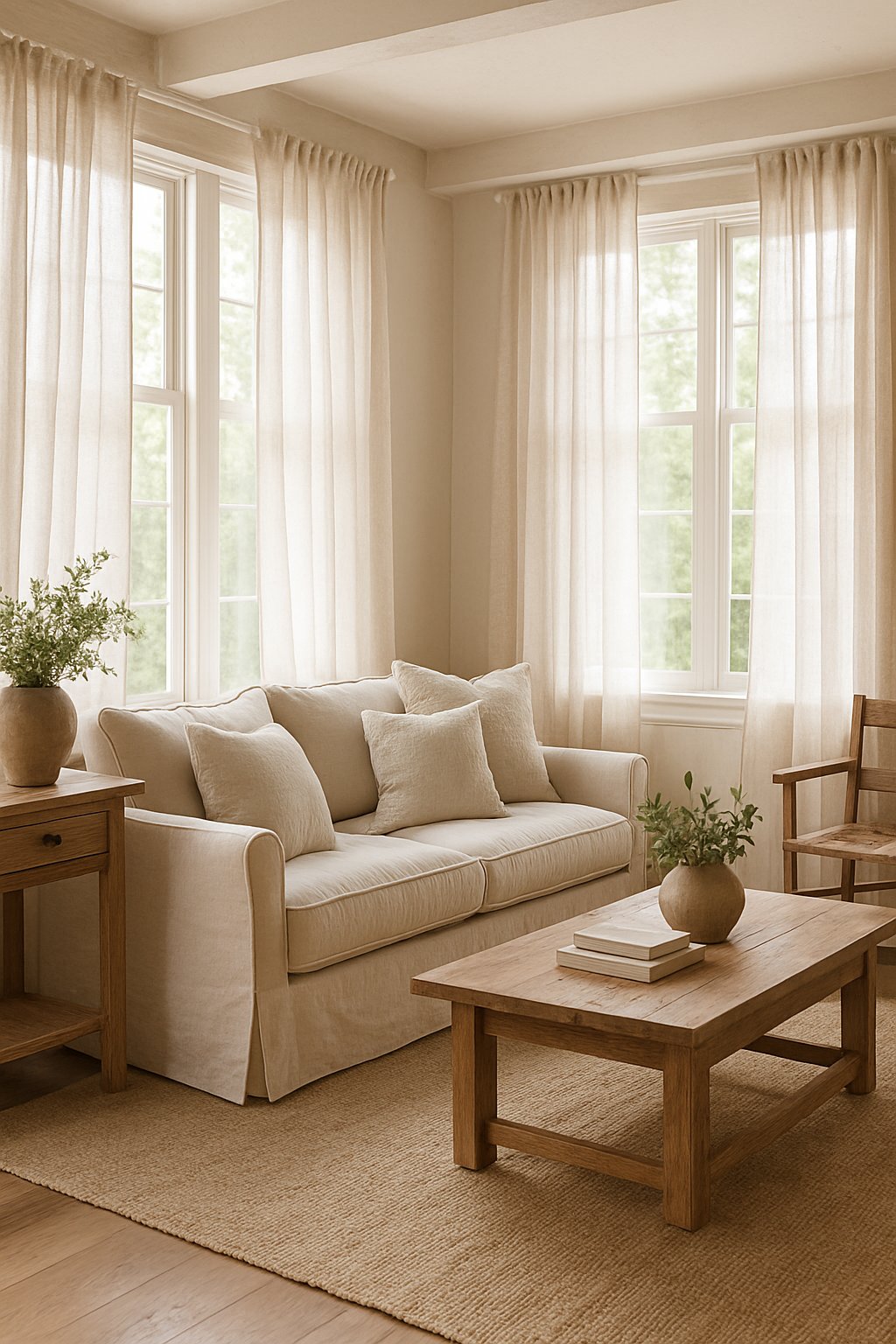 Living room with layered linen curtains filtering soft sunlight