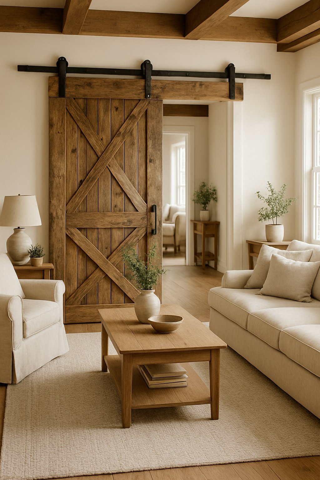 Farmhouse living room featuring a reclaimed barn door as a sliding door
