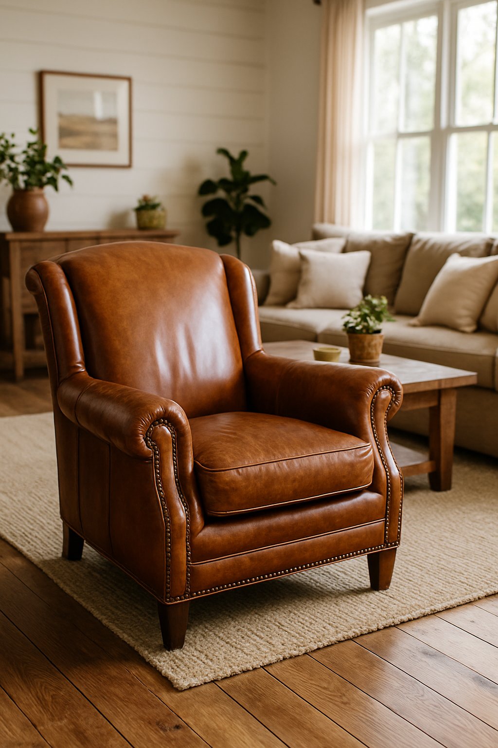 Brown leather armchair with nailhead trim in a bright living room