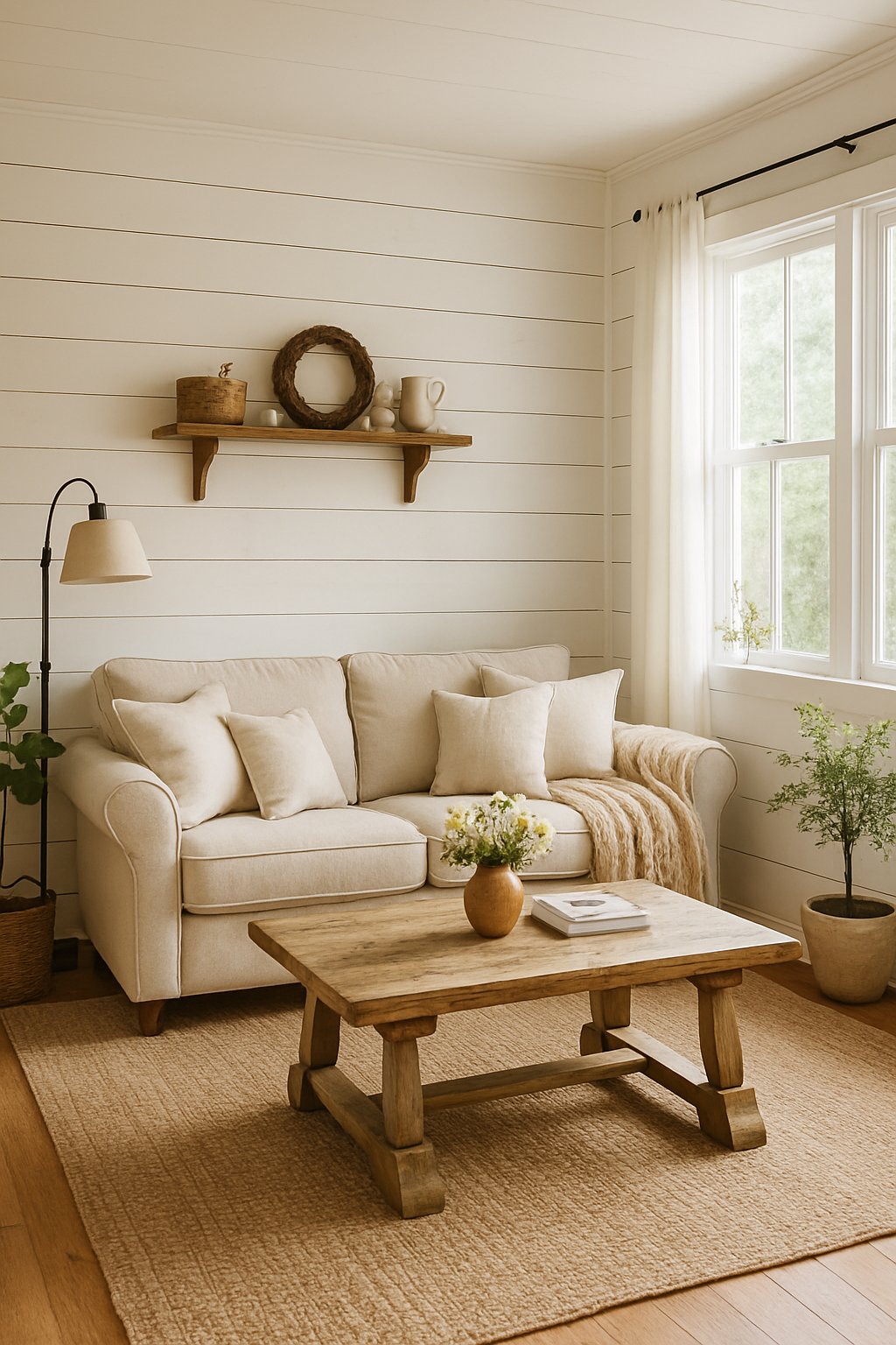 Cozy living room with white shiplap walls and natural light