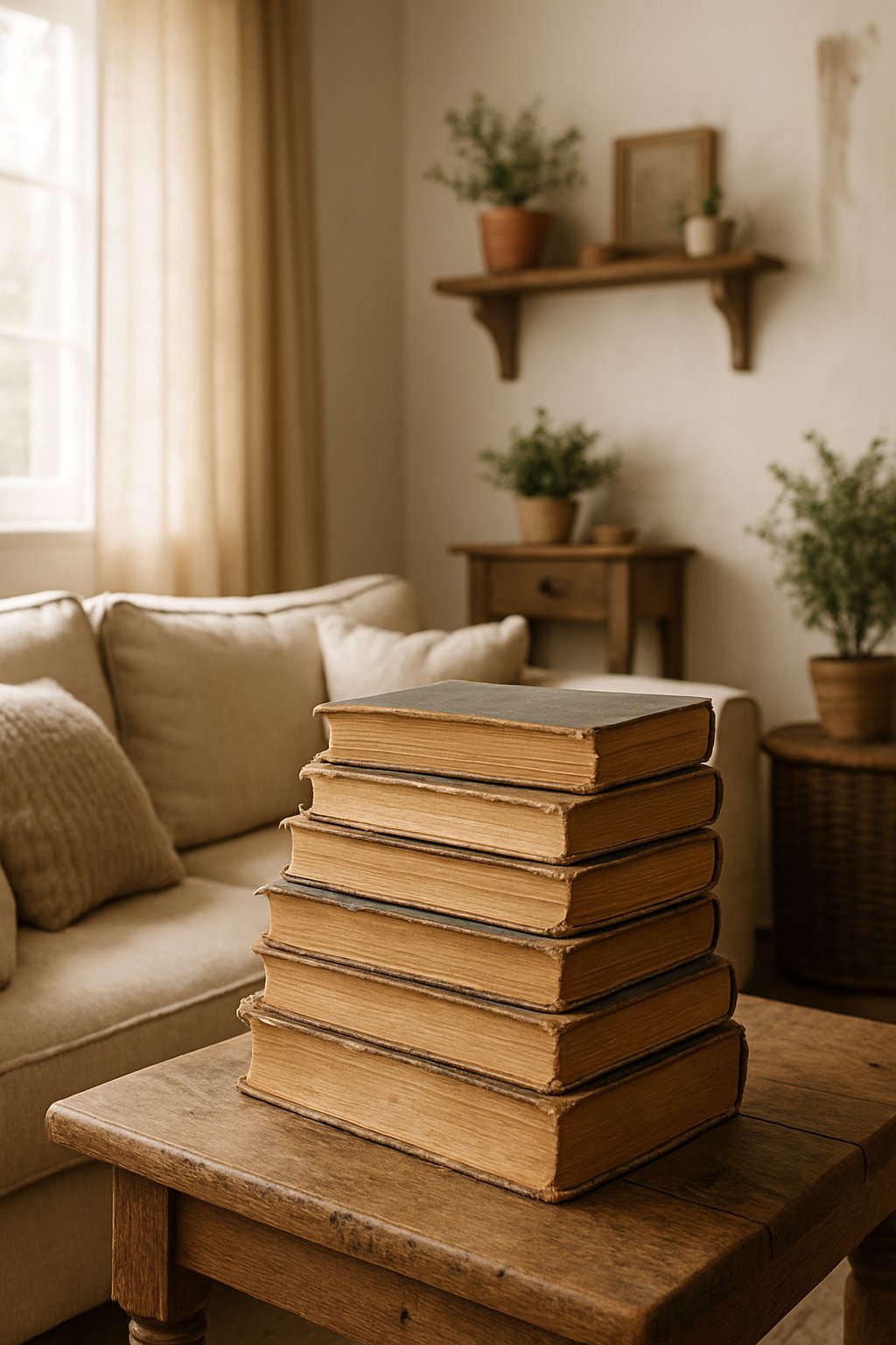 Stacked vintage books on wooden table in cozy living room