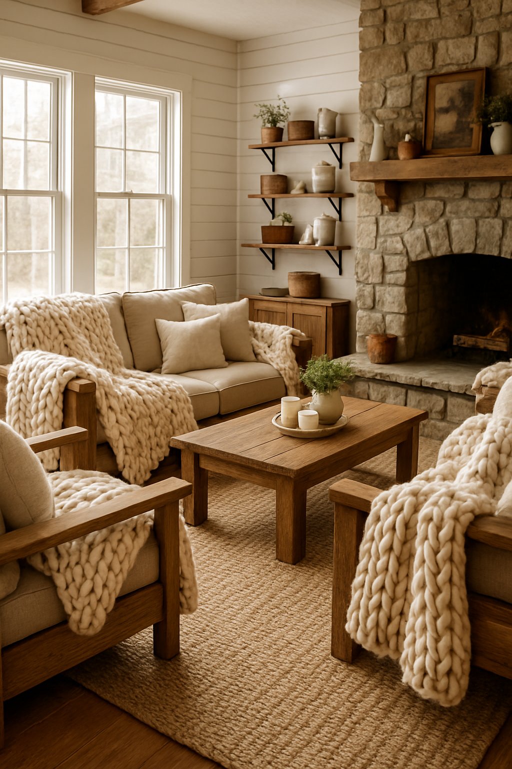 Chunky knit throw blankets draped over wooden furniture
