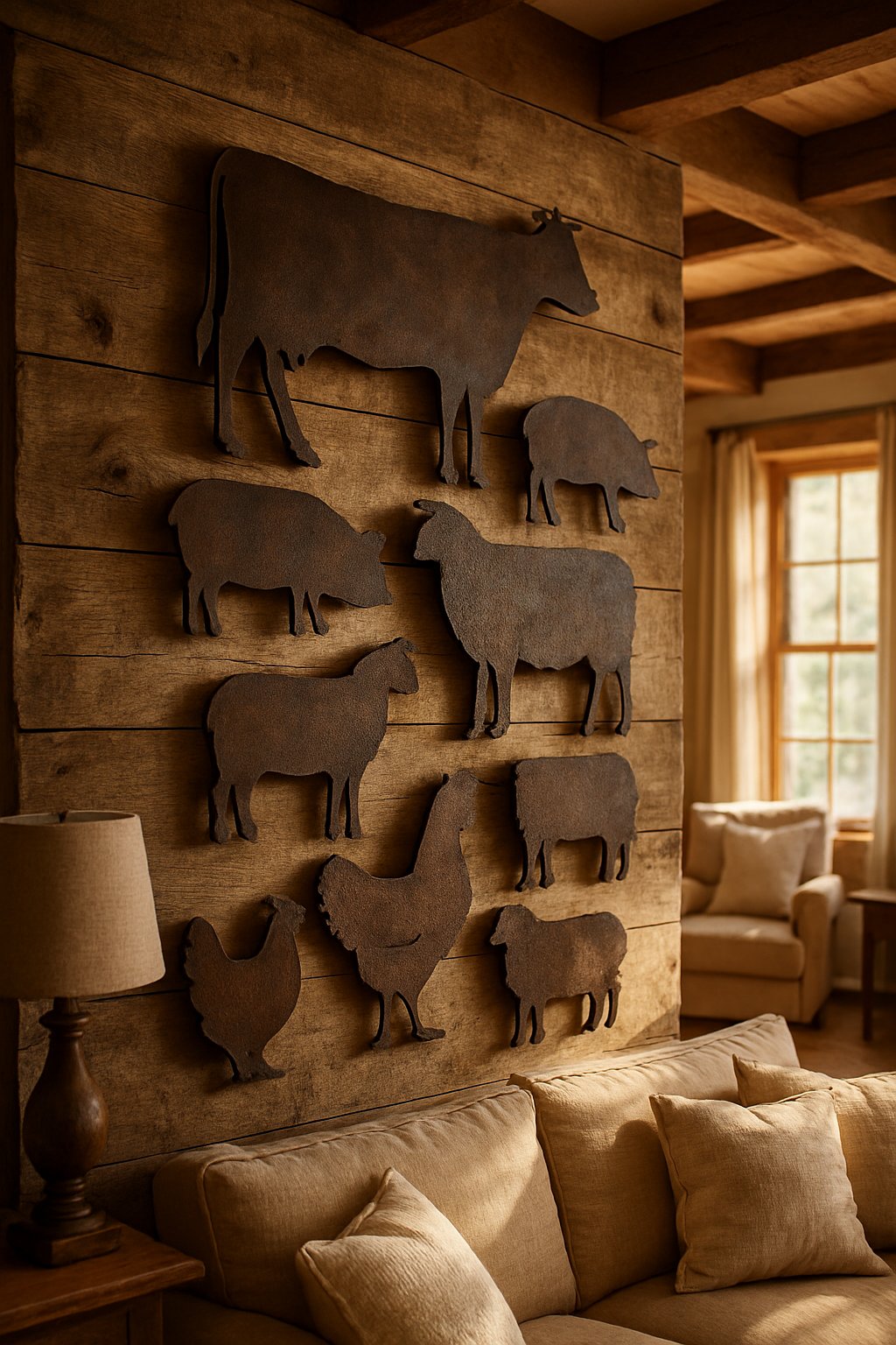 Rustic metal farm animal wall art in farmhouse living room