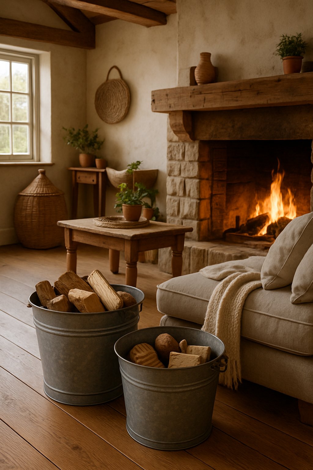 Galvanized metal buckets holding logs near fireplace