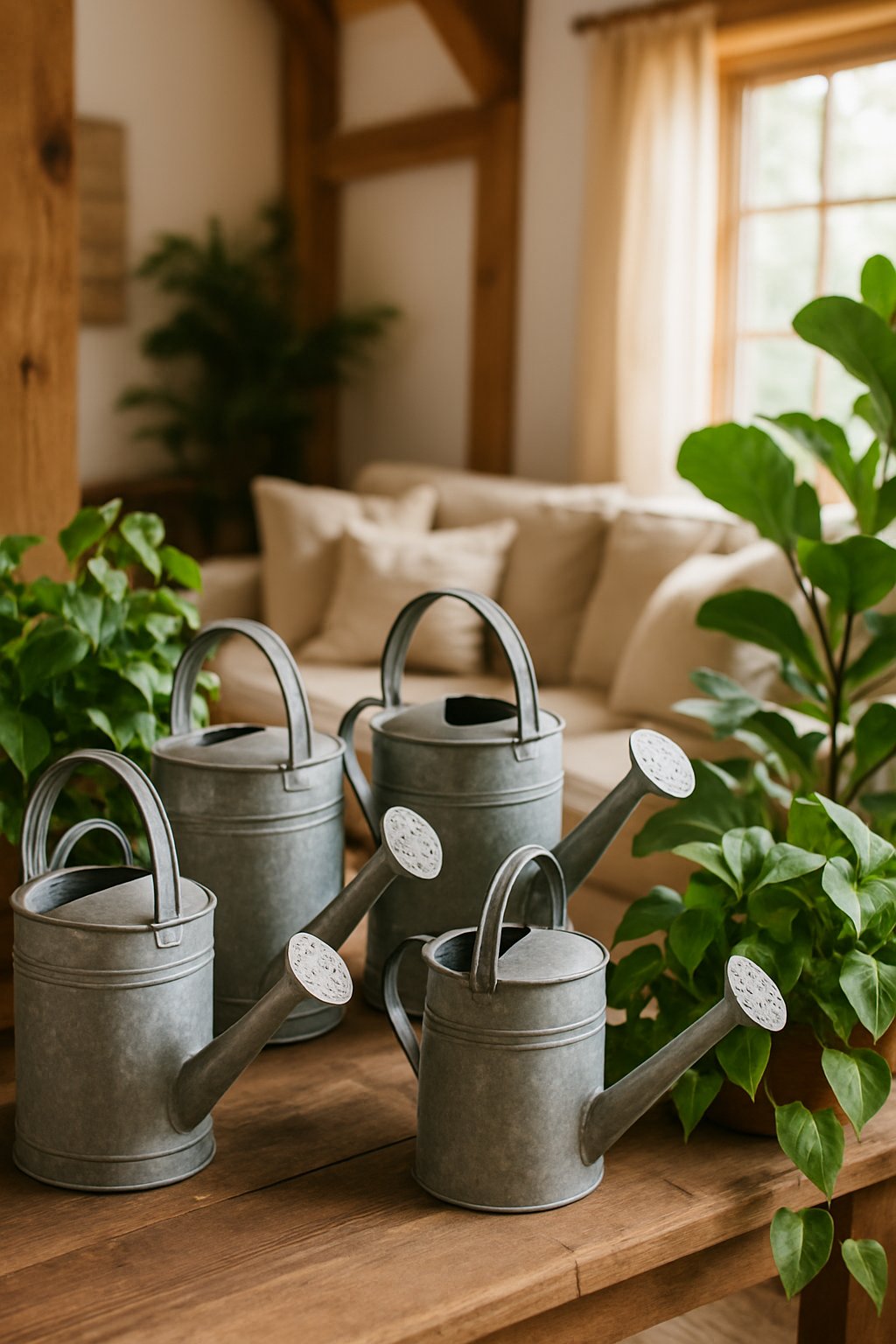 Galvanized watering cans displayed among houseplants