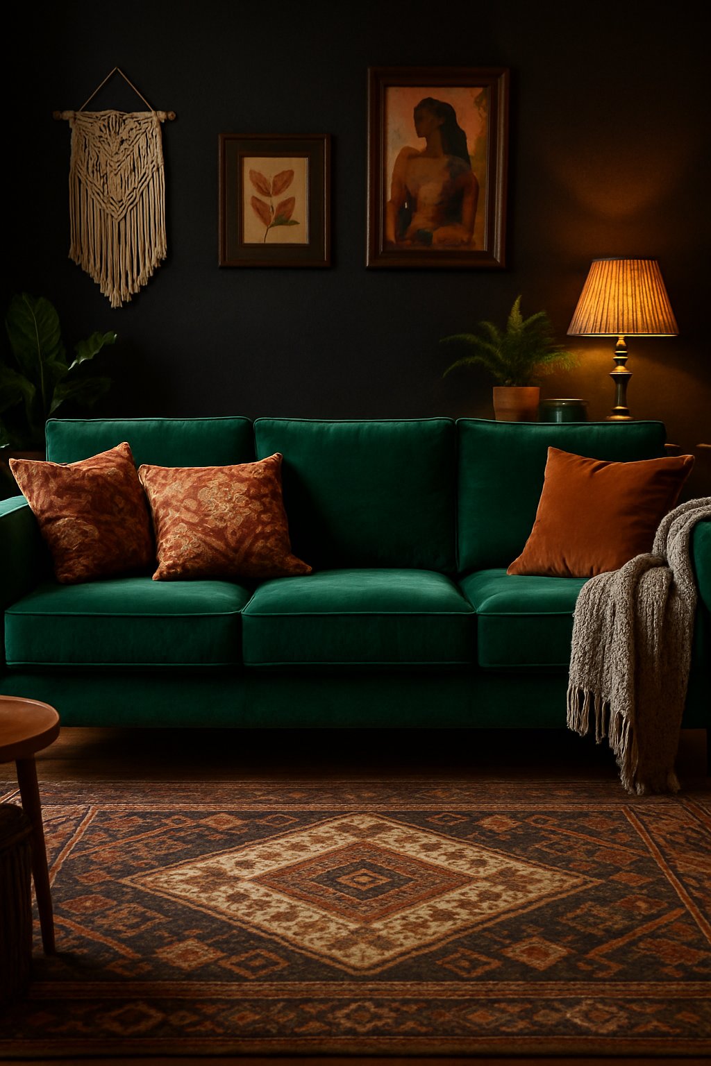 A velvet emerald green sofa in a living room with dark walls, decorative pillows, plants, and warm lighting.