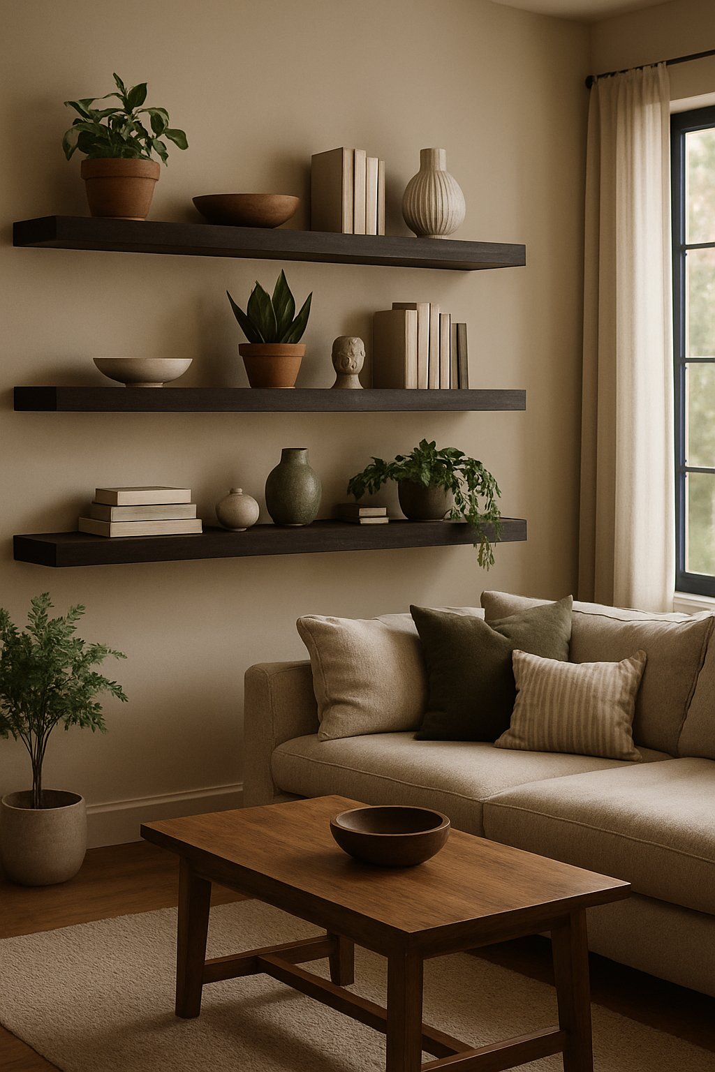 Living room with dark wood floating shelves holding plants, vases, and books above a sofa and coffee table.