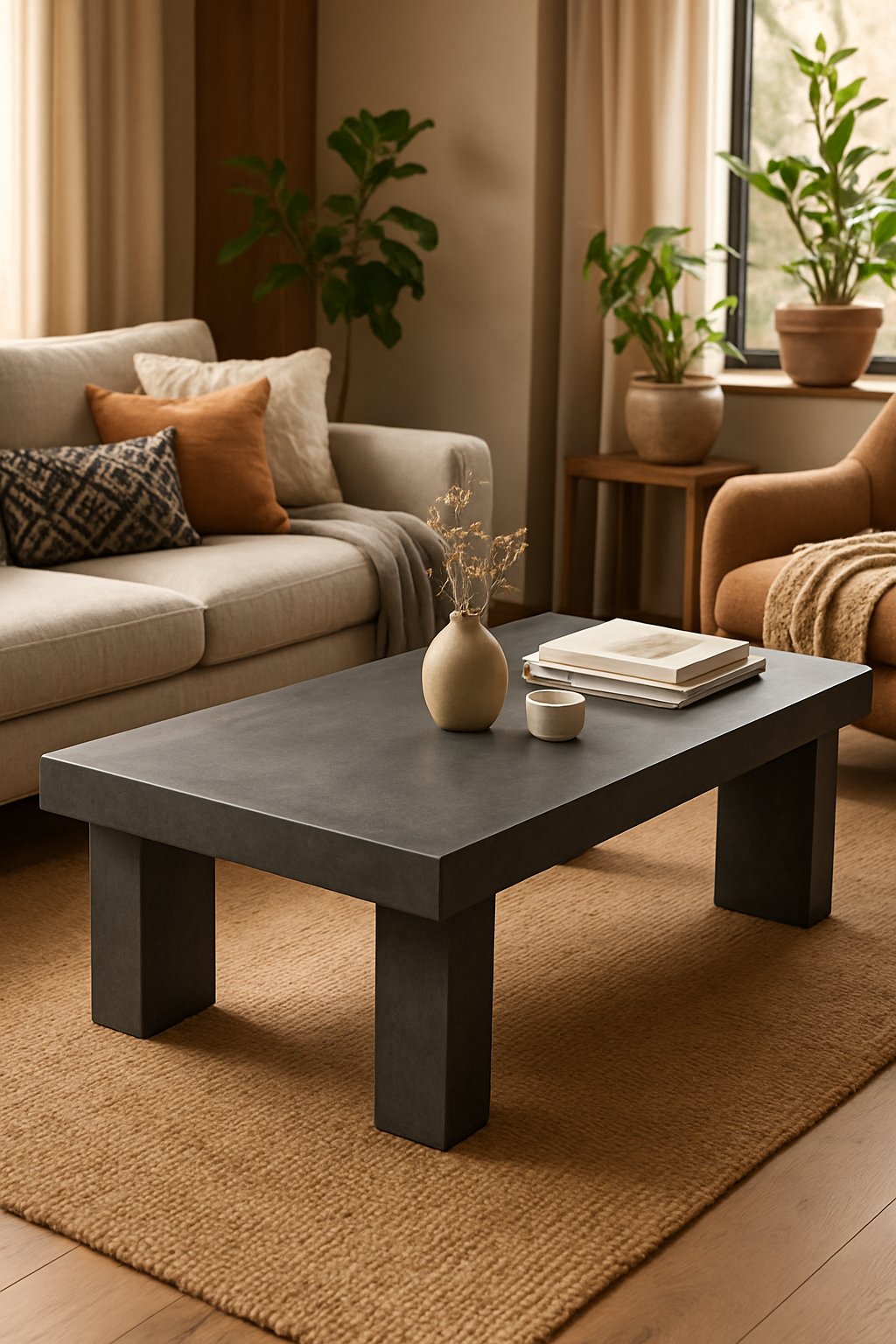 A charcoal concrete coffee table in a living room with a sofa, armchair, rug, indoor plants, and decorative items on the table.