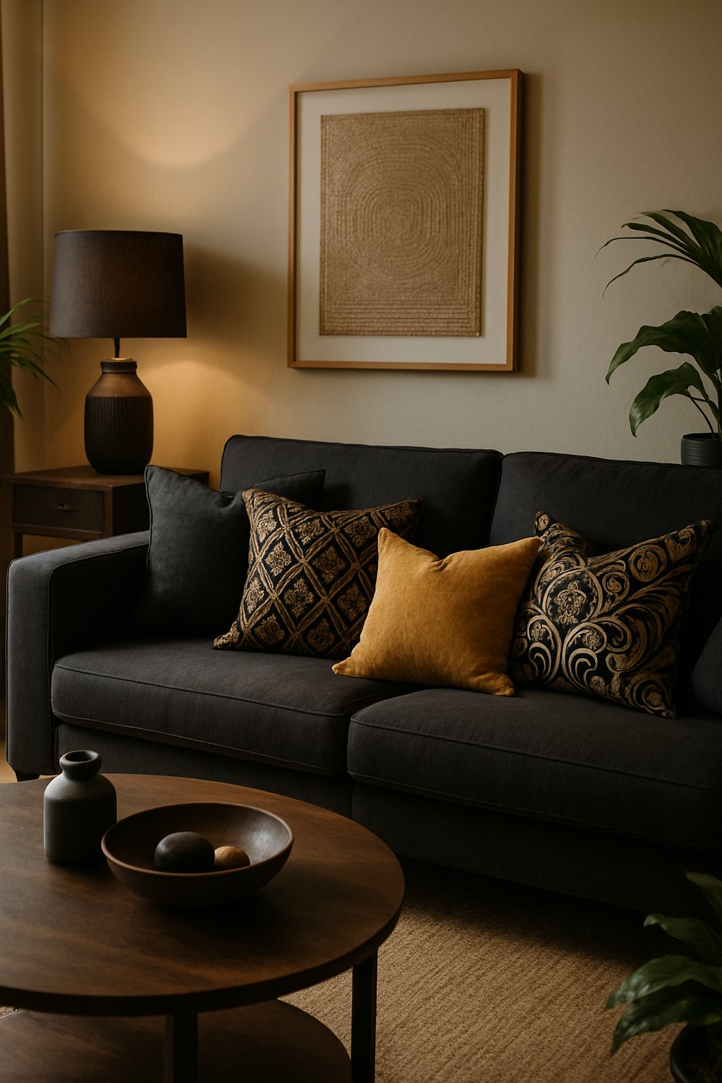 A living room with a dark sofa adorned with black and gold throw pillows, a coffee table, plants, and warm lighting.