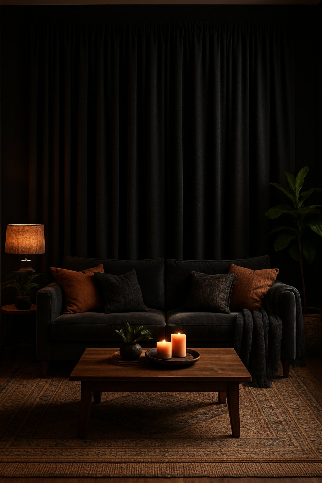 A living room with floor-to-ceiling dark blackout curtains, a sofa, coffee table, and plants in a dimly lit setting.