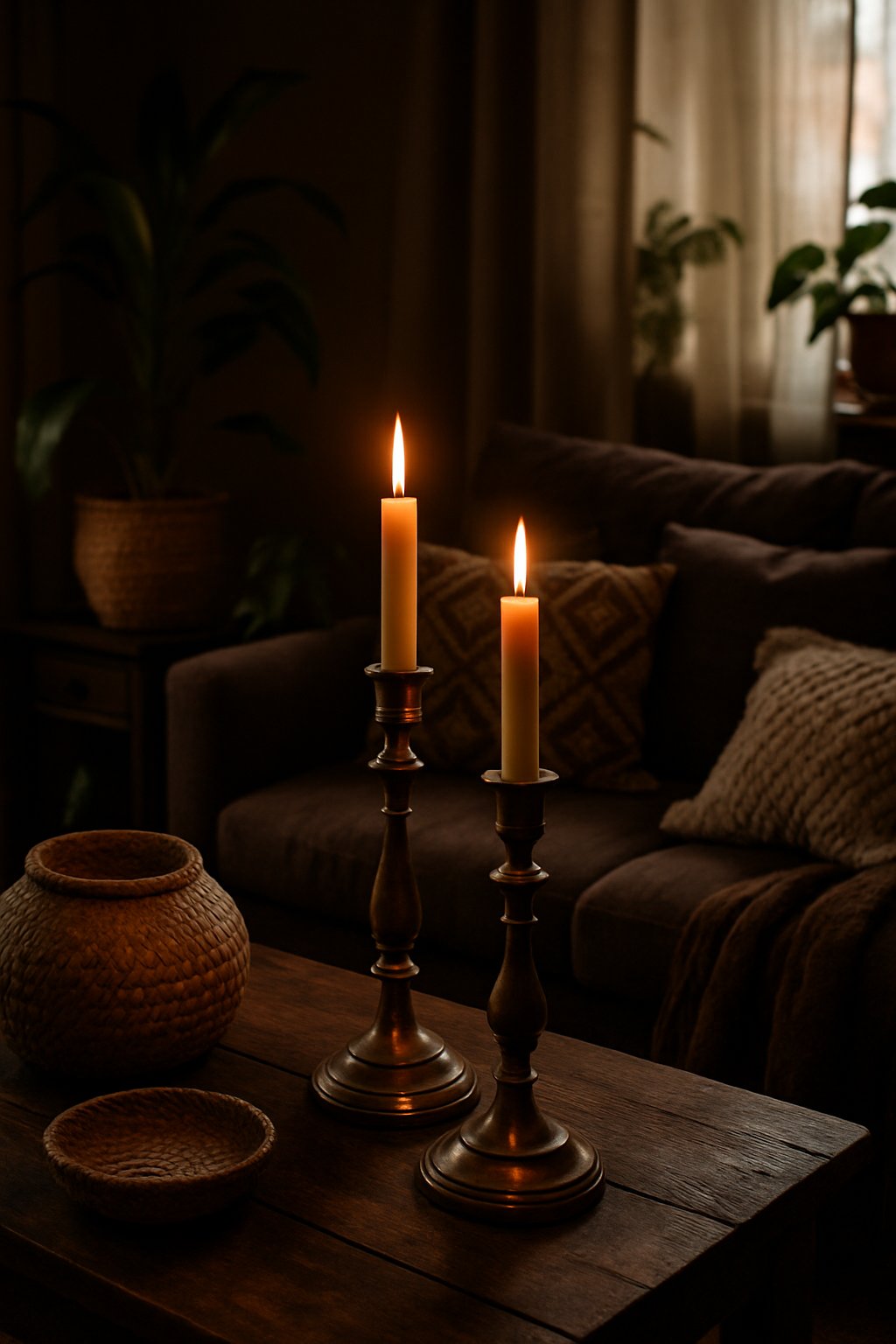 A living room with antique brass candle holders on a wooden table surrounded by cushions, plants, and dark wood furniture.