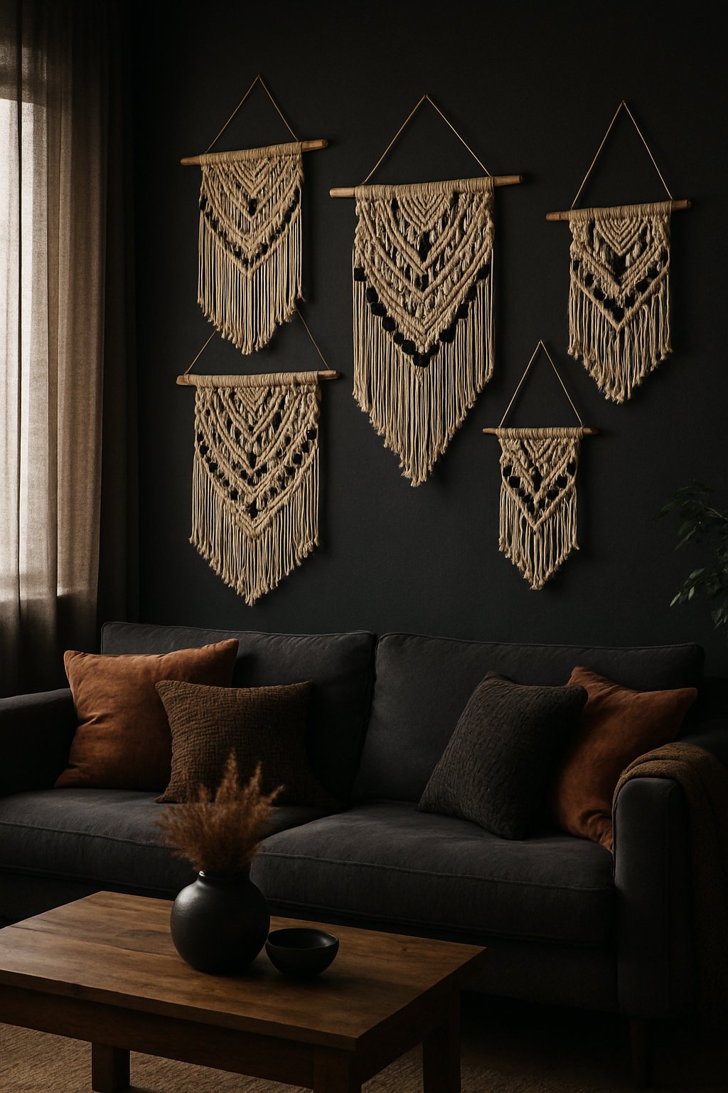 Living room with macrame wall hangings decorated with black beads above a seating area.