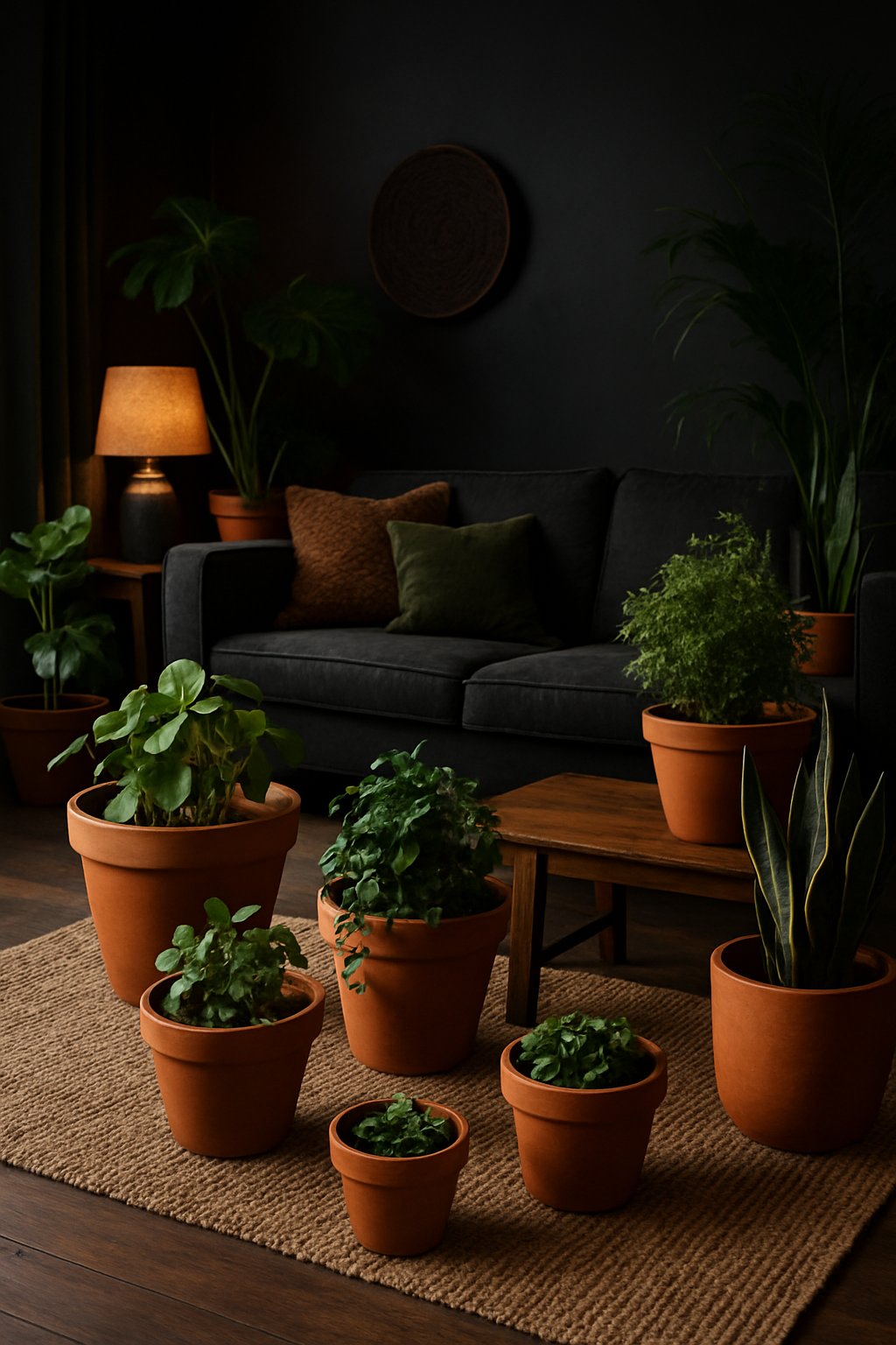 A living room with burnt orange terracotta planters holding green plants, surrounded by dark-colored furniture and decor.