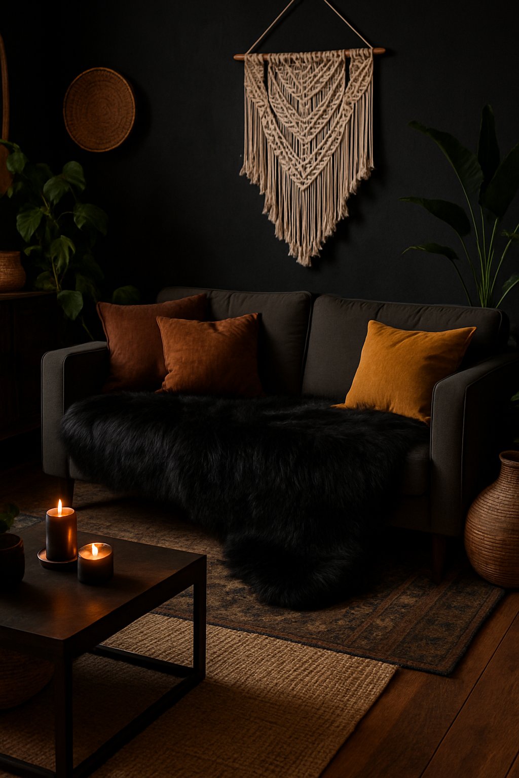 A living room with a sofa covered by a black faux fur throw, surrounded by plants, wooden furniture, and bohemian decor.