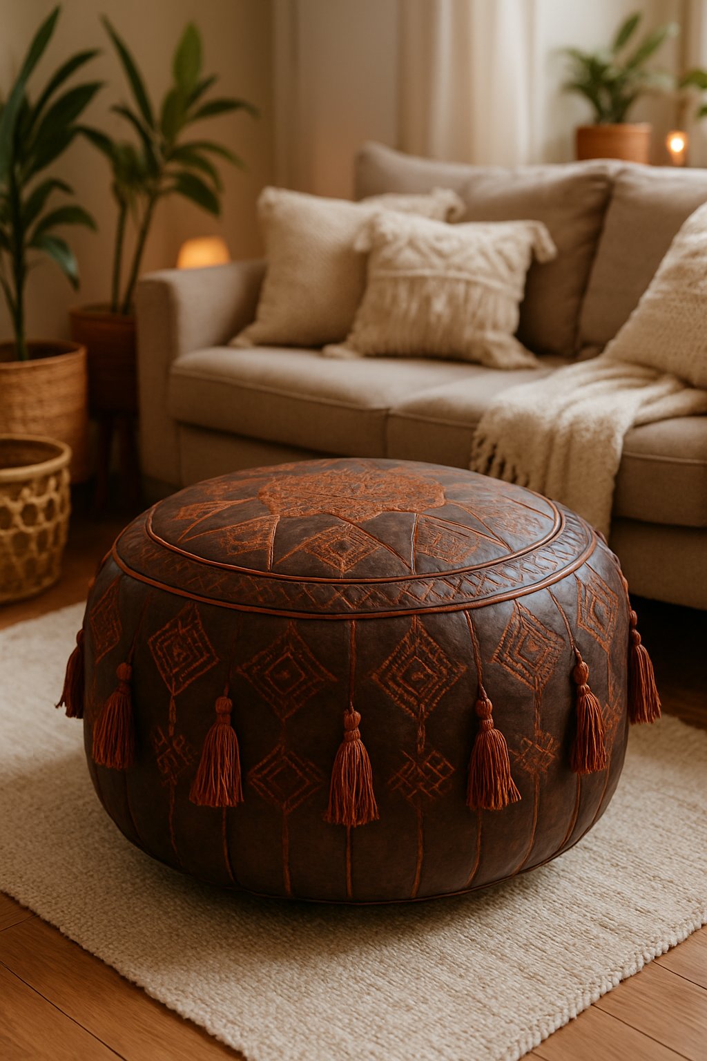 A dark leather Moroccan pouf with tassels in a cozy living room with plants, cushions, and warm lighting.