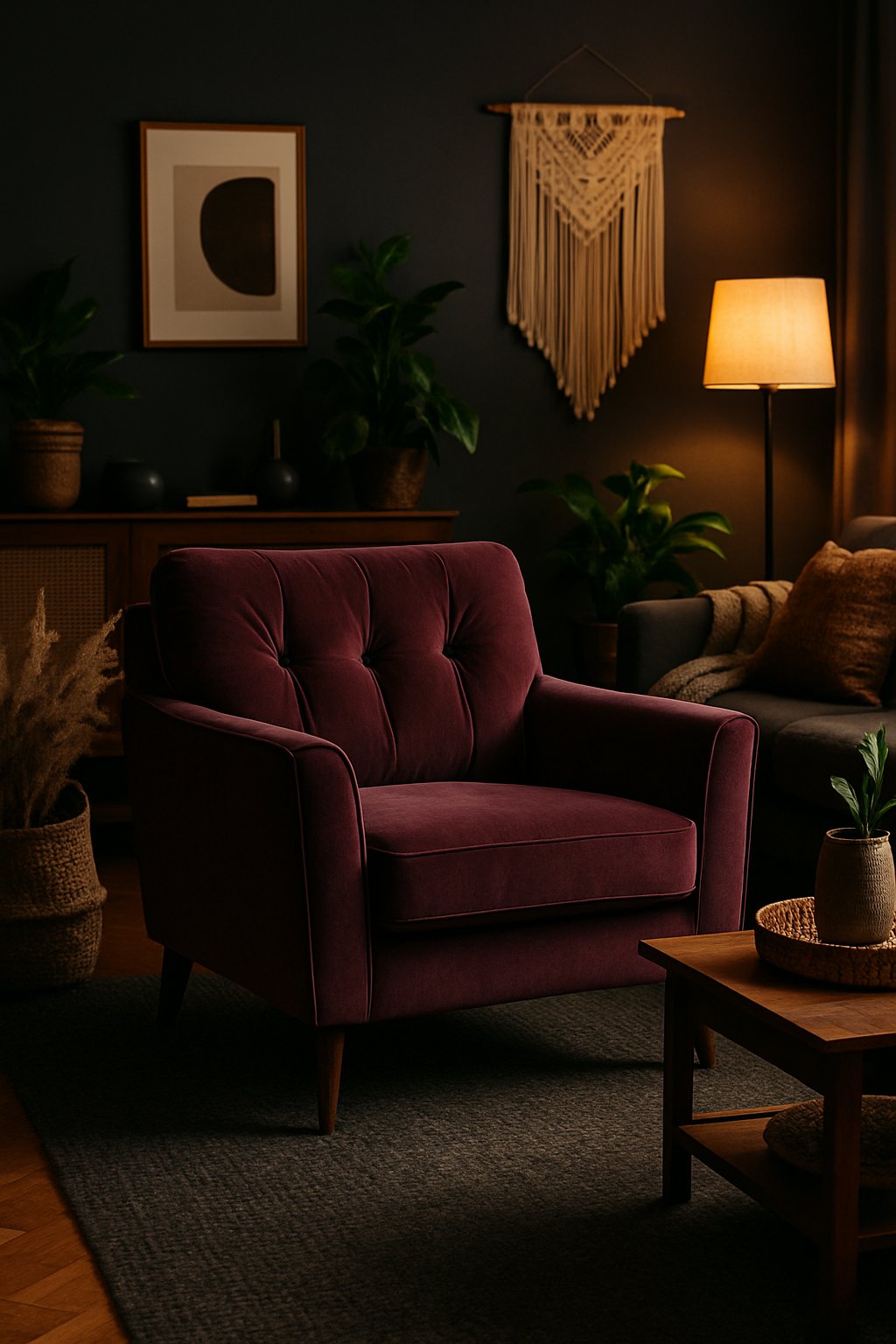 A deep plum velvet armchair in a living room with dark walls, wooden furniture, plants, and warm lighting.