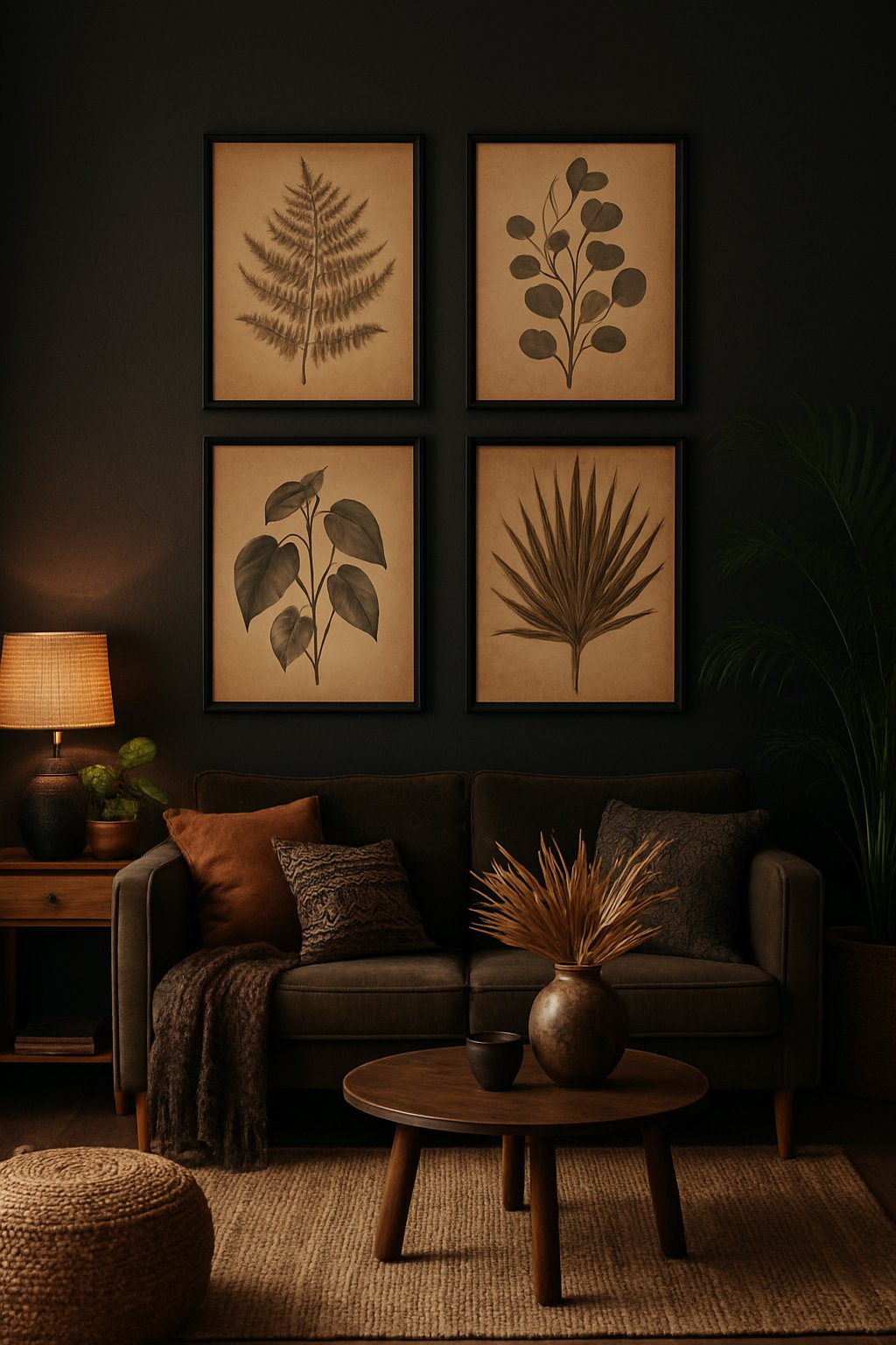 A living room with black framed botanical prints on the wall, dark wood furniture, plants, and cozy textiles.
